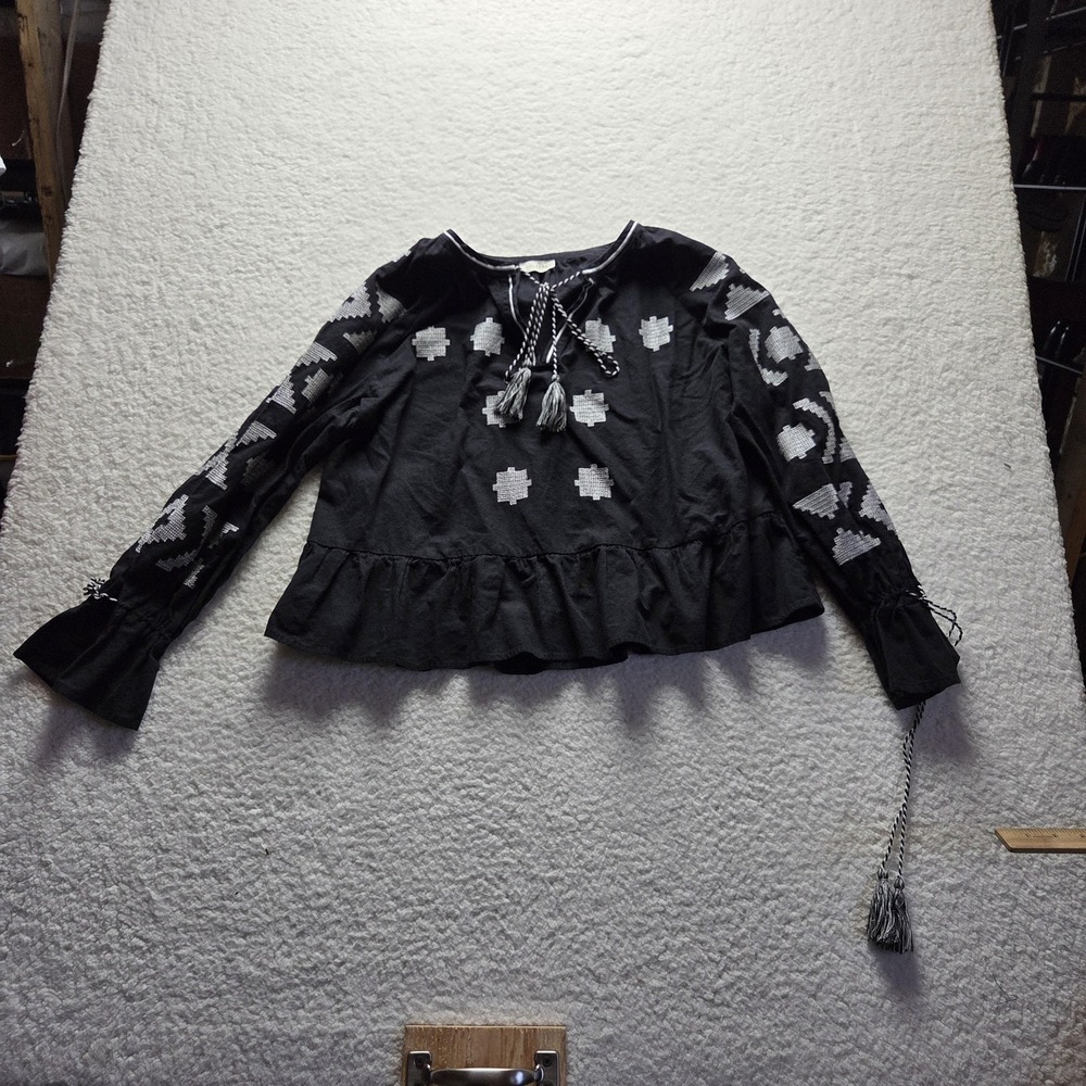 Velzera Blouse‎ Womens Medium Black Embroidered Tassel Boho Long Sleeve Tunic